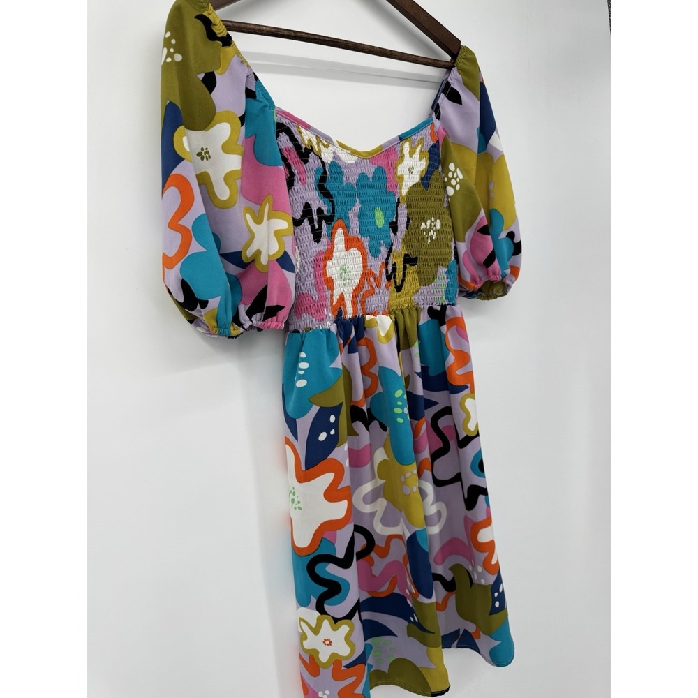 Retro Mod Floral Mini Dress Smocked Bodice Puff Sleeve Colorful Groovy 70s - Picture 8 of 13